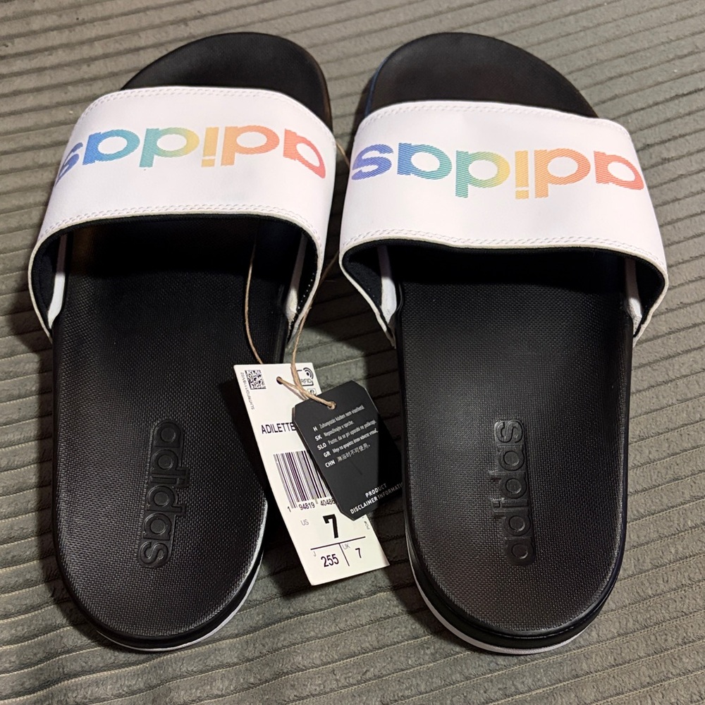 Adidas White Slides with Multicolor Logo